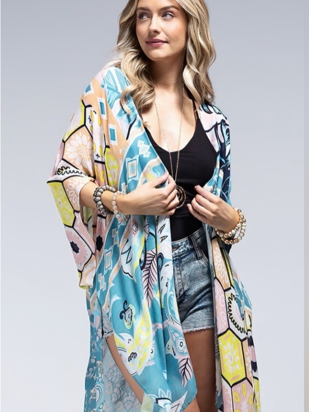 Lightweight Pastel Floral & Geometric Kimono Wrap - Pastel Blue O/S - Picture 2 of 7